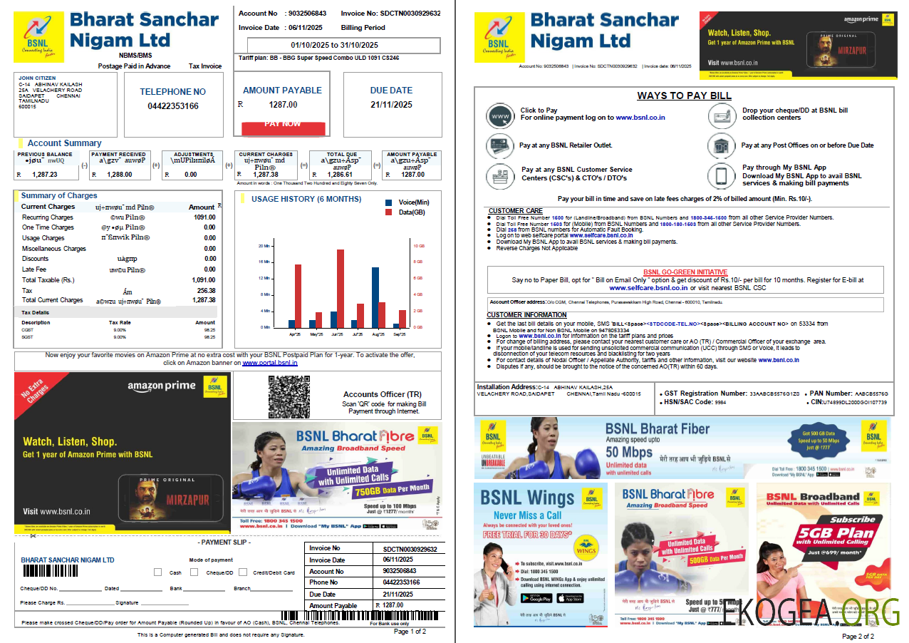 India Bharat Sanchar Nigam Limited utility bill template in Word and PDF formats, 2 pages